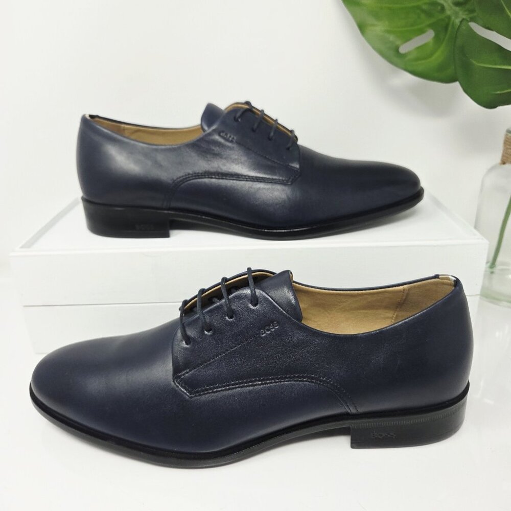 Hugo Boss Mens 9.5 Colby Navy Blue Lace-Up Oxfords Shoes Leather Dress